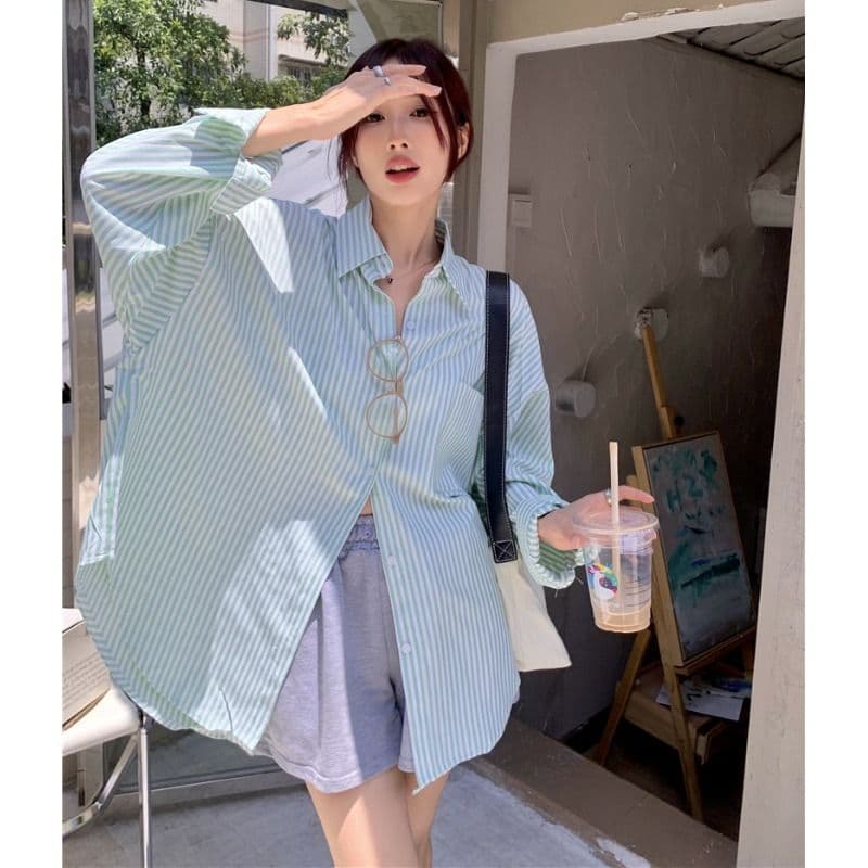 있음 선적 대외 무역 긴팔 스트라이프 여성 셔츠 새로운 오픈 가디건 자외선 차단 셔츠 재킷 루즈핏 bf 맨위 서비스 이미지 4