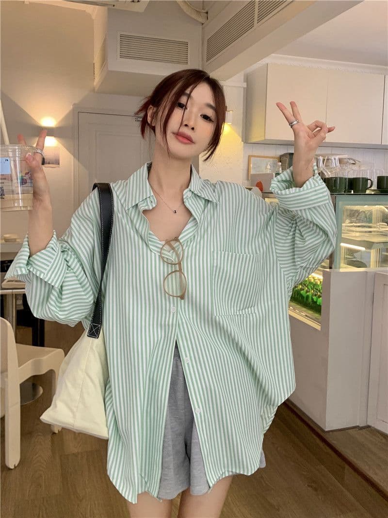 있음 선적 대외 무역 긴팔 스트라이프 여성 셔츠 새로운 오픈 가디건 자외선 차단 셔츠 재킷 루즈핏 bf 맨위 서비스 상세 이미지 2