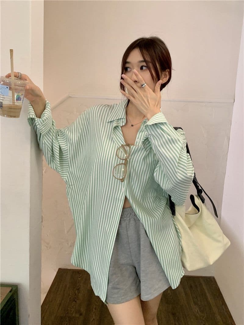 있음 선적 대외 무역 긴팔 스트라이프 여성 셔츠 새로운 오픈 가디건 자외선 차단 셔츠 재킷 루즈핏 bf 맨위 서비스 상세 이미지 3