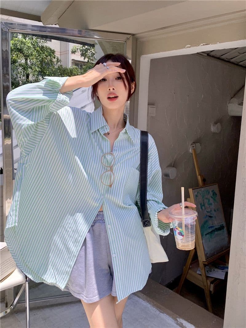 있음 선적 대외 무역 긴팔 스트라이프 여성 셔츠 새로운 오픈 가디건 자외선 차단 셔츠 재킷 루즈핏 bf 맨위 서비스 상세 이미지 4