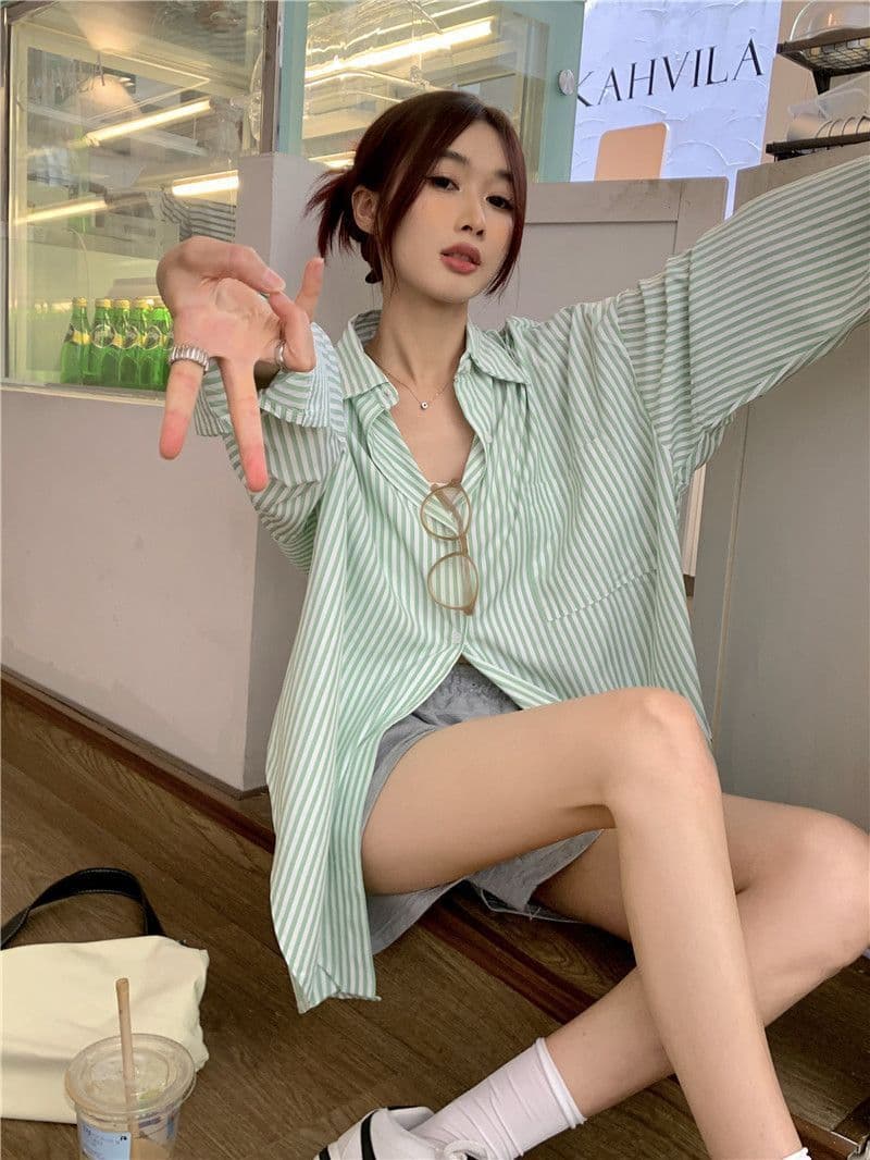 있음 선적 대외 무역 긴팔 스트라이프 여성 셔츠 새로운 오픈 가디건 자외선 차단 셔츠 재킷 루즈핏 bf 맨위 서비스 상세 이미지 7
