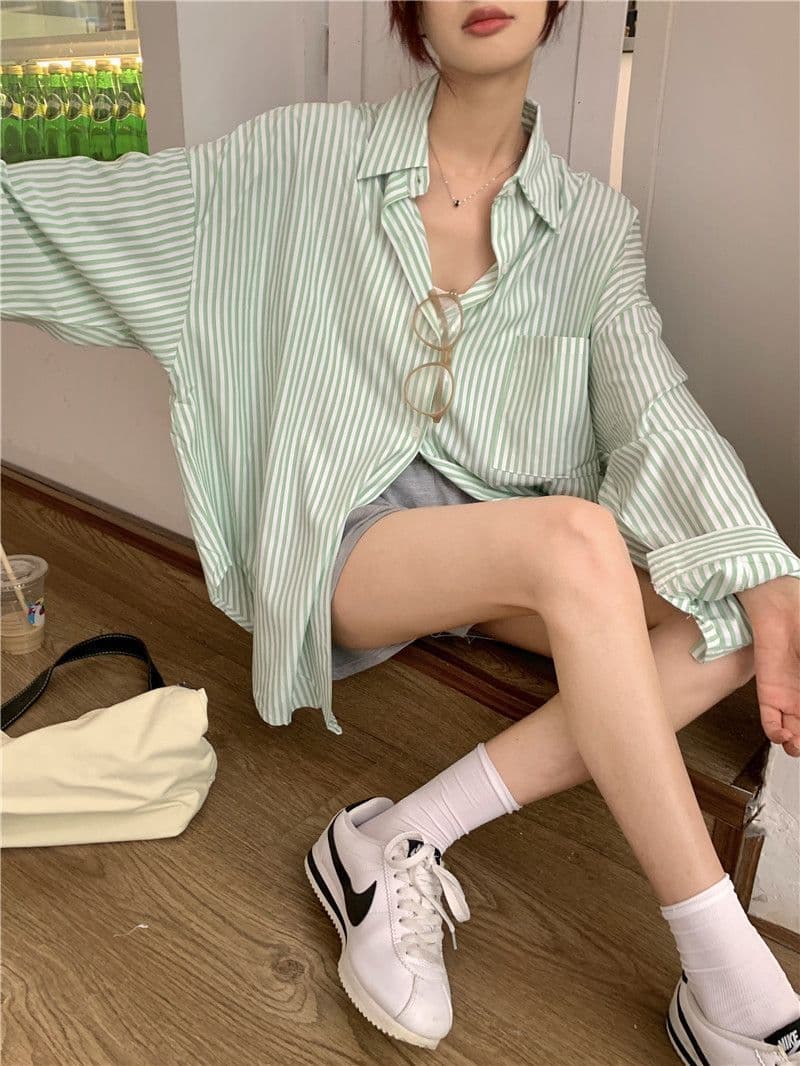 있음 선적 대외 무역 긴팔 스트라이프 여성 셔츠 새로운 오픈 가디건 자외선 차단 셔츠 재킷 루즈핏 bf 맨위 서비스 상세 이미지 8