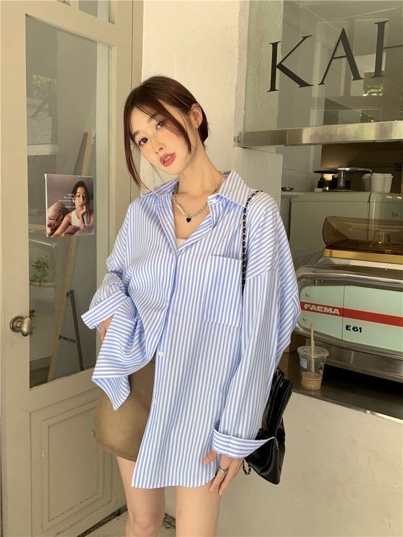 있음 선적 대외 무역 긴팔 스트라이프 여성 셔츠 새로운 오픈 가디건 자외선 차단 셔츠 재킷 루즈핏 bf 맨위 서비스 상세 이미지 30