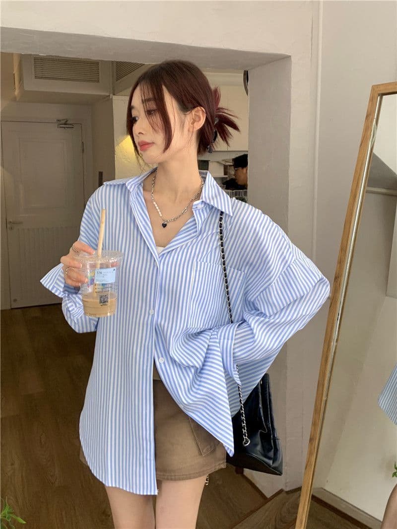 있음 선적 대외 무역 긴팔 스트라이프 여성 셔츠 새로운 오픈 가디건 자외선 차단 셔츠 재킷 루즈핏 bf 맨위 서비스 상세 이미지 31