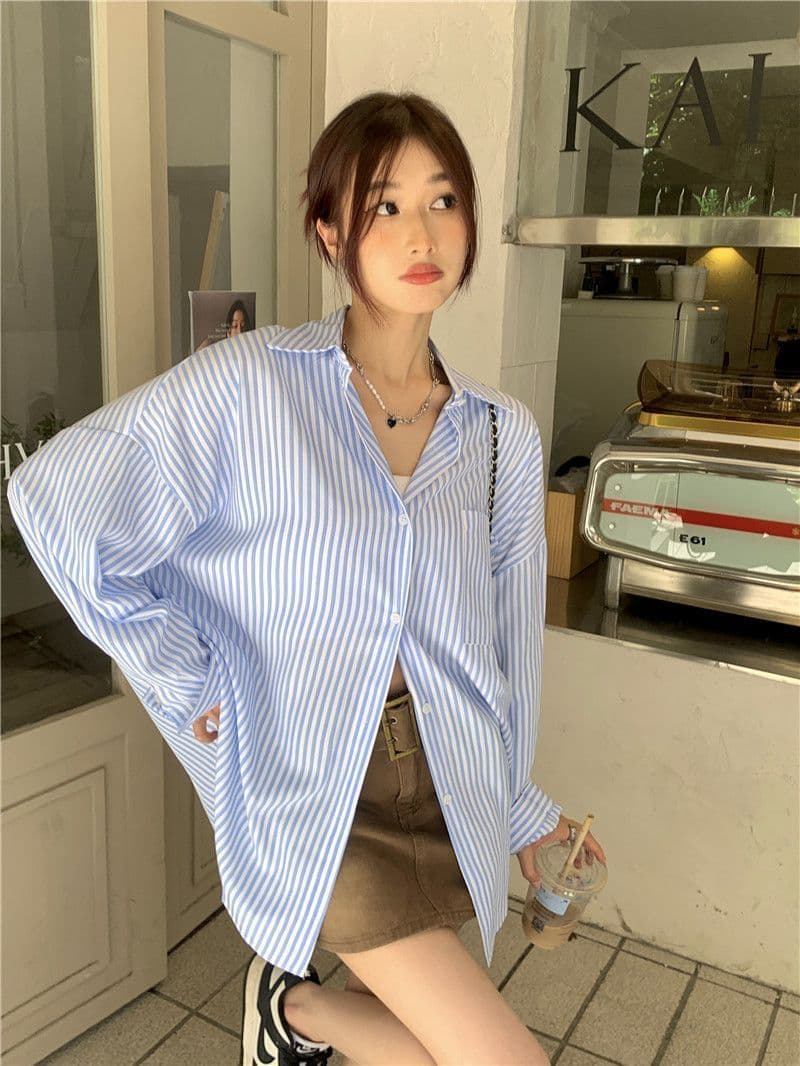 있음 선적 대외 무역 긴팔 스트라이프 여성 셔츠 새로운 오픈 가디건 자외선 차단 셔츠 재킷 루즈핏 bf 맨위 서비스 상세 이미지 33