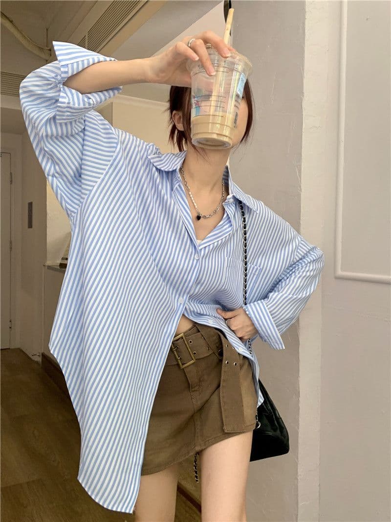 있음 선적 대외 무역 긴팔 스트라이프 여성 셔츠 새로운 오픈 가디건 자외선 차단 셔츠 재킷 루즈핏 bf 맨위 서비스 상세 이미지 35