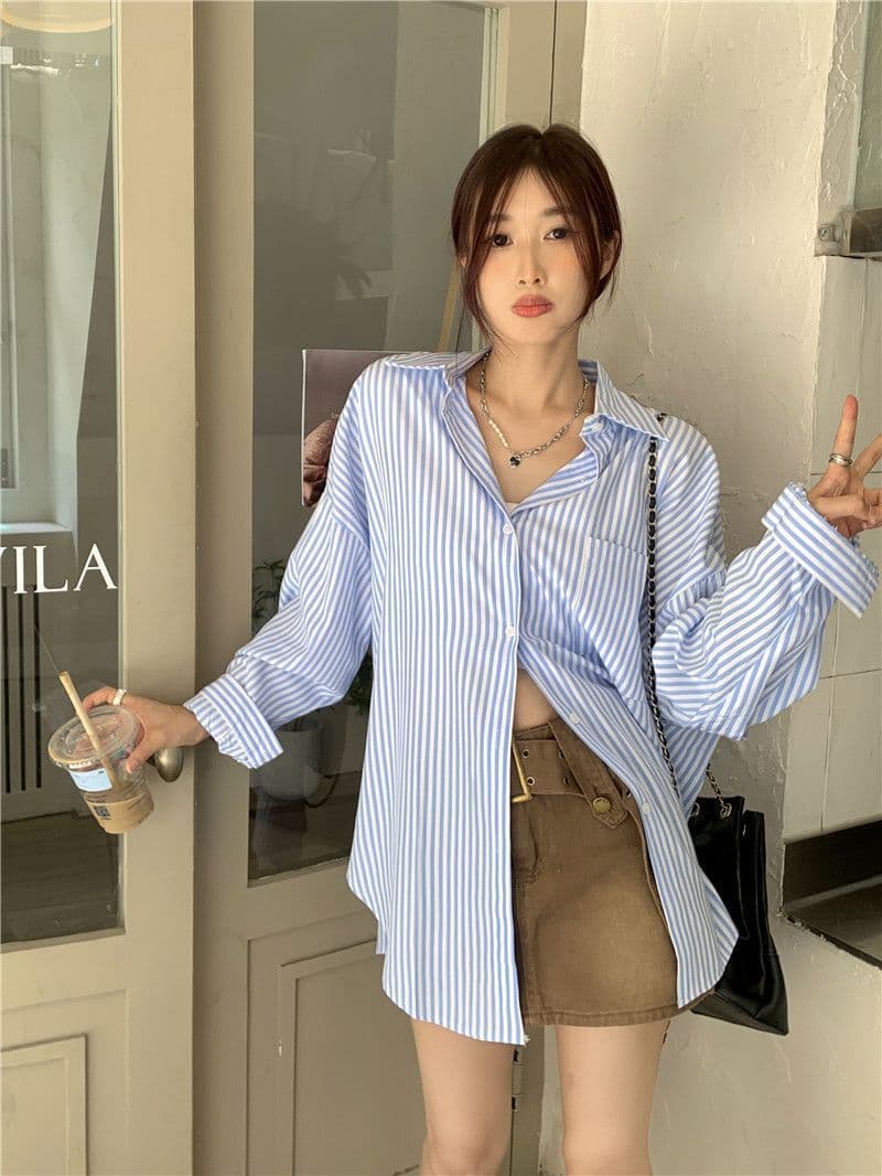 있음 선적 대외 무역 긴팔 스트라이프 여성 셔츠 새로운 오픈 가디건 자외선 차단 셔츠 재킷 루즈핏 bf 맨위 서비스 상세 이미지 37
