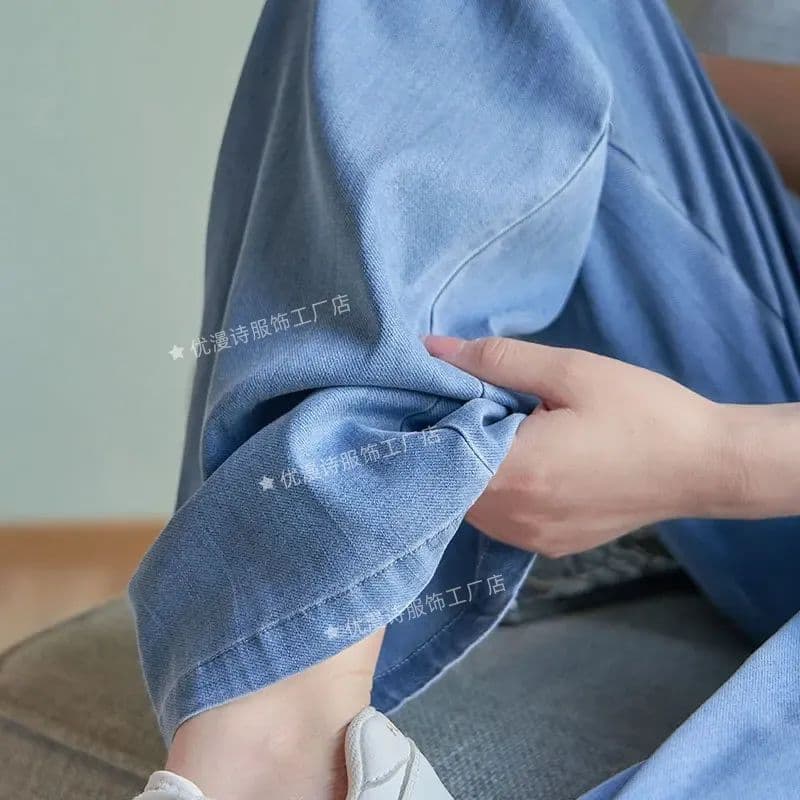 있음 선적 주간 실크 청바지 여성 여름 얇은 스타일 하이웨이스트 슬림해 보이는 루즈핏 도루 센스 좁은 에디션 펌프 로프 와이드 레그 팬츠 어린이 상세 이미지 2