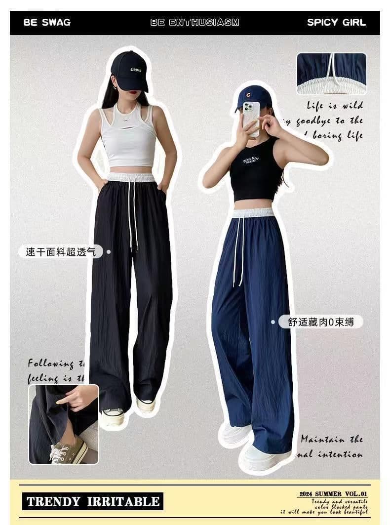 있음 선적 폭발 해군 워크웨어 스트레이트 팬츠 여성 여름 얇은 스타일 새로운 루즈핏 캐주얼 배색 운동 바지 상세 이미지 8
