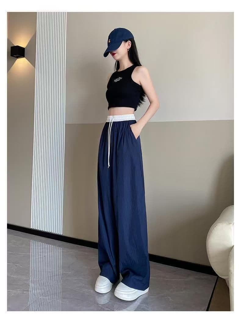 있음 선적 폭발 해군 워크웨어 스트레이트 팬츠 여성 여름 얇은 스타일 새로운 루즈핏 캐주얼 배색 운동 바지 상세 이미지 11