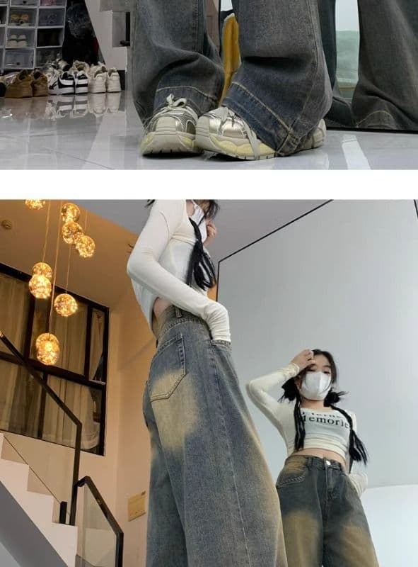배 모양 몸 도루 센스 넓은 다리 레트로 마 오래된 넓은 다리 청바지 여성 스트레이트 슬림해 보이는 도루 센스 바닥 청소 긴 바지 트렌디 상세 이미지 14