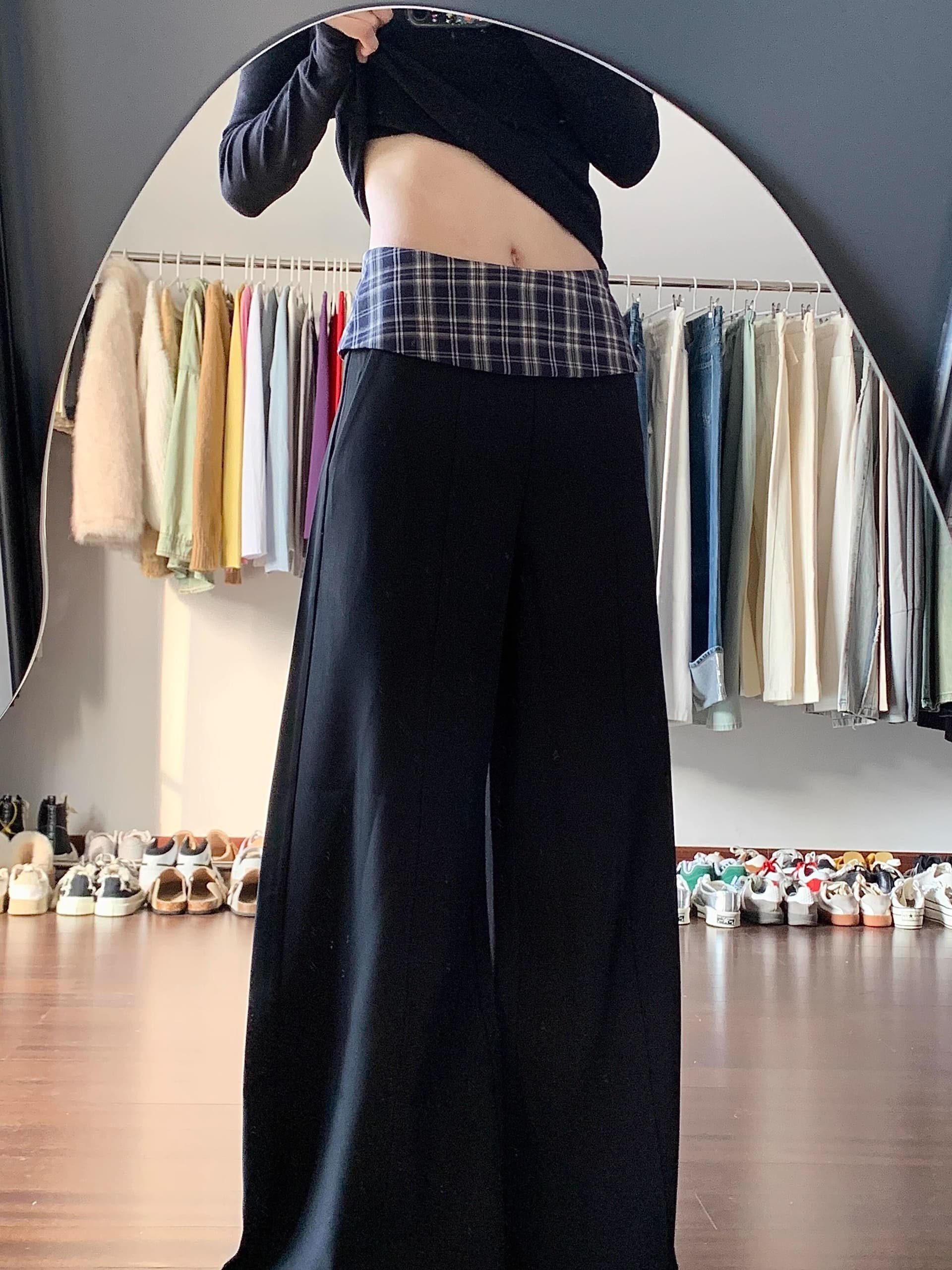 있음 선적 있음 어둠 지퍼 블랙 체크무늬 패치워크 도루 센스 가을 새로운 정장 바지 여성 스트레이트 캐주얼 바지 상세 이미지 8