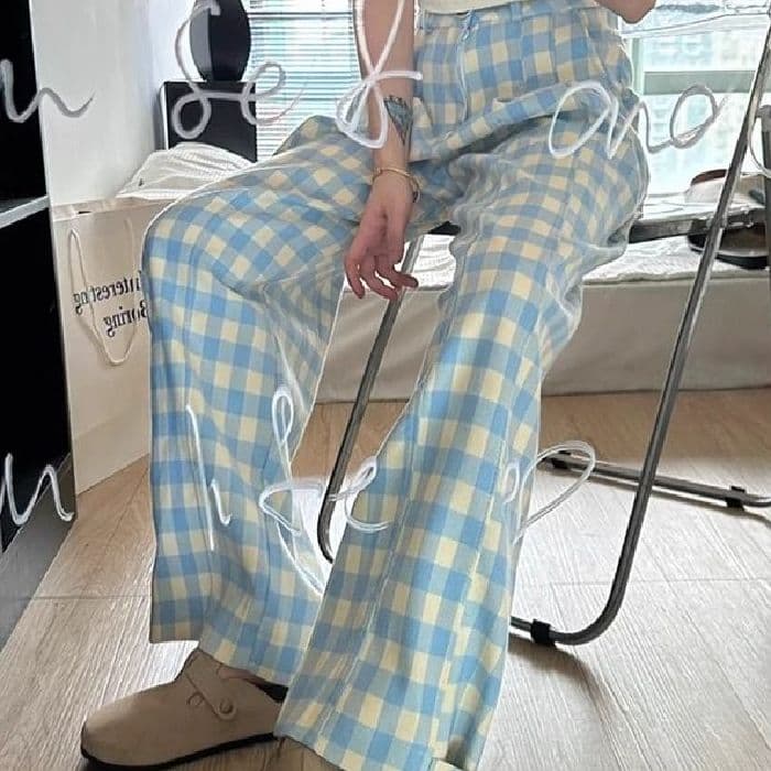 있음 선적 정장 허리 머리 2026 새로운 파란색 체크무늬 캐주얼 바지 여성 하이웨이스트 스트레이트 와이드 레그 팬츠 바닥 청소 바지