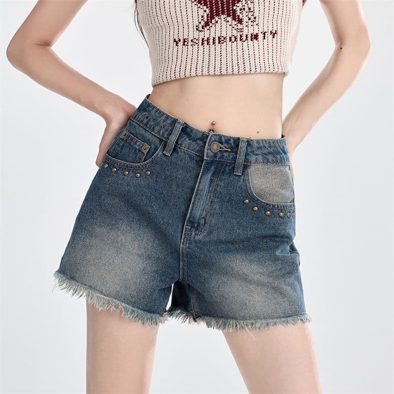 있음 선적 지방 mm 하이웨이스트 거친 가장자리 데님 반바지 여성 여름 빅 사이즈 배 모양 몸 허리 슬림해 보이는 한 마디 넓은 다리 핫 바지 이미지 3