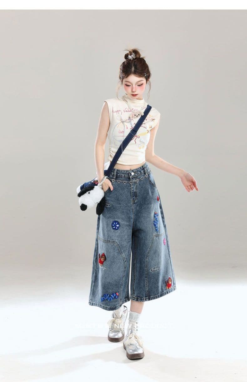강아지 만화 자수 데님 7부 바지 여성 여름 캐주얼 디자인 센스 루즈핏 아메리칸 스트레이트 넓은 다리가 짧다. 바지 상세 이미지 7