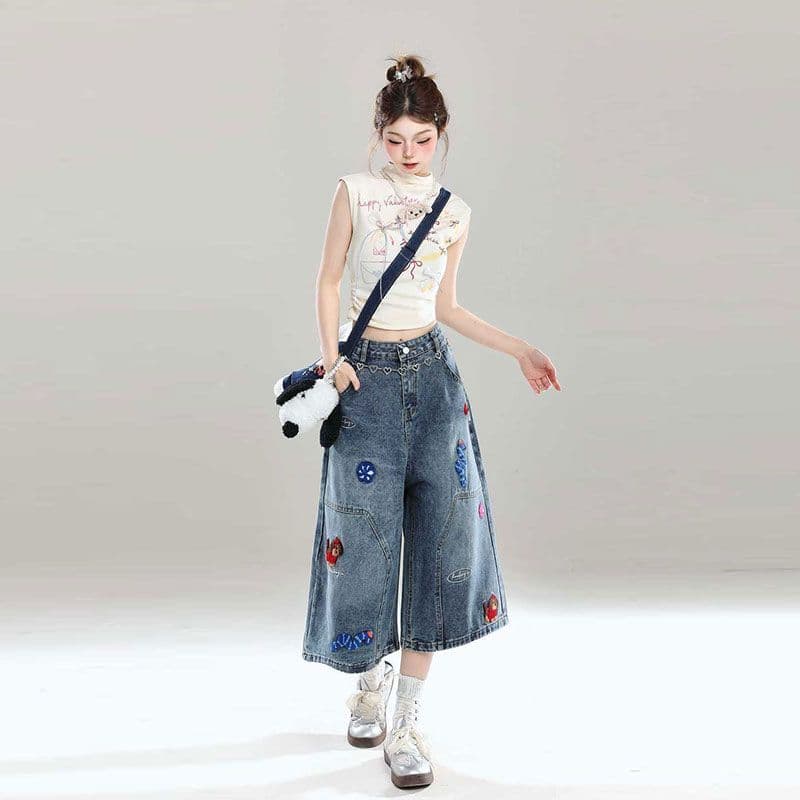 강아지 만화 자수 데님 7부 바지 여성 여름 캐주얼 디자인 센스 루즈핏 아메리칸 스트레이트 넓은 다리가 짧다. 바지 상세 이미지 12
