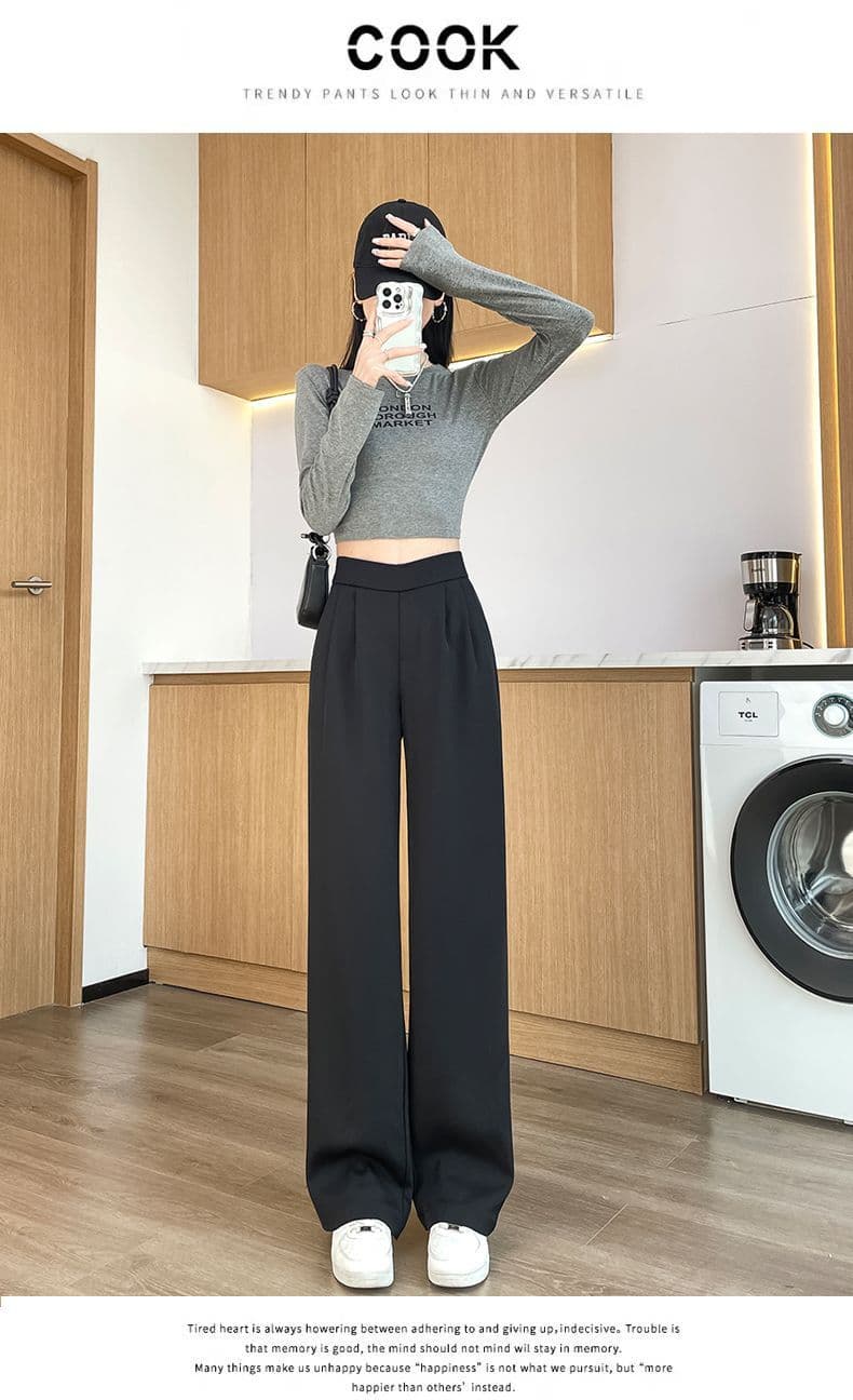 있음 선적 모래 시계 허리 얼음 실크 와이드 레깅스 바지 여름 드레스 얇은 스타일 루즈핏 슬림해 보이는 스트레이트 팬츠 하이웨이스트 도루 센스 정장 바지 상세 이미지 13