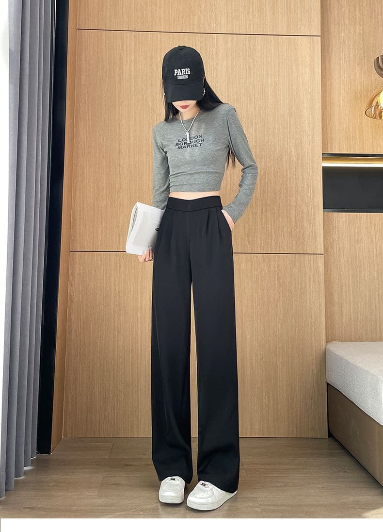 있음 선적 모래 시계 허리 얼음 실크 와이드 레깅스 바지 여름 드레스 얇은 스타일 루즈핏 슬림해 보이는 스트레이트 팬츠 하이웨이스트 도루 센스 정장 바지 상세 이미지 16