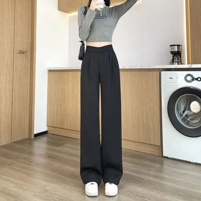 있음 선적 모래 시계 허리 얼음 실크 와이드 레깅스 바지 여름 드레스 얇은 스타일 루즈핏 슬림해 보이는 스트레이트 팬츠 하이웨이스트 도루 센스 정장 바지 상세 이미지 18