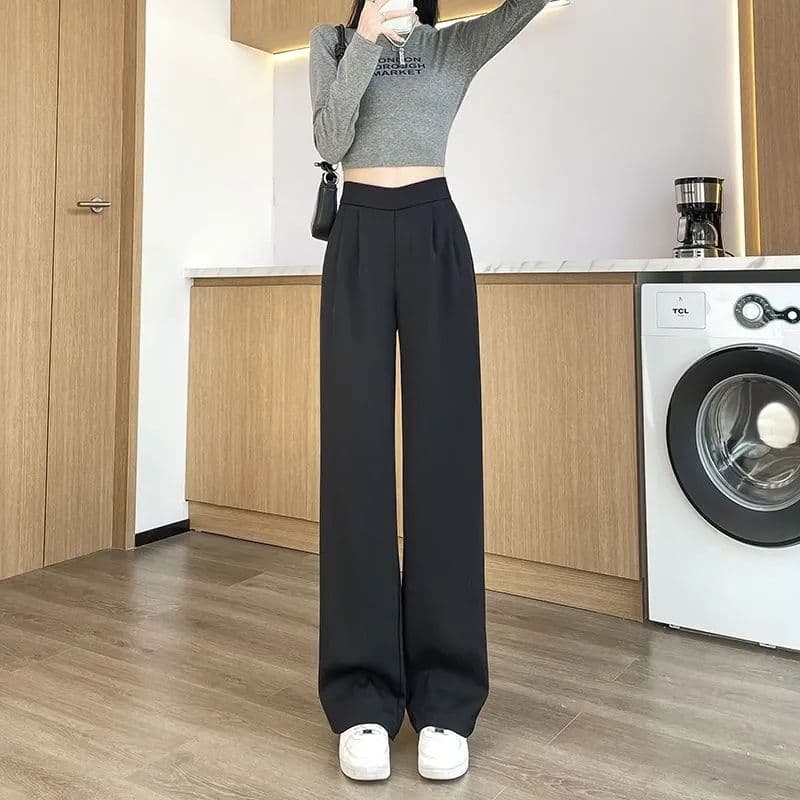 있음 선적 모래 시계 허리 얼음 실크 와이드 레깅스 바지 여름 드레스 얇은 스타일 루즈핏 슬림해 보이는 스트레이트 팬츠 하이웨이스트 도루 센스 정장 바지 상세 이미지 22
