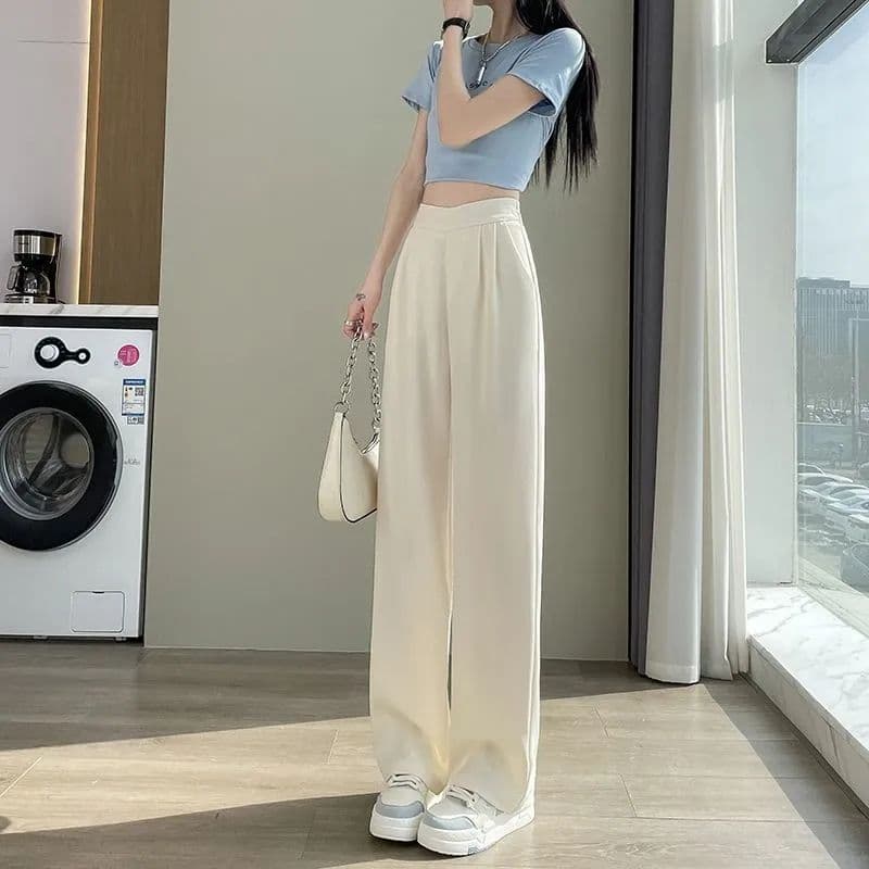 있음 선적 모래 시계 허리 얼음 실크 와이드 레깅스 바지 여름 드레스 얇은 스타일 루즈핏 슬림해 보이는 스트레이트 팬츠 하이웨이스트 도루 센스 정장 바지 상세 이미지 25