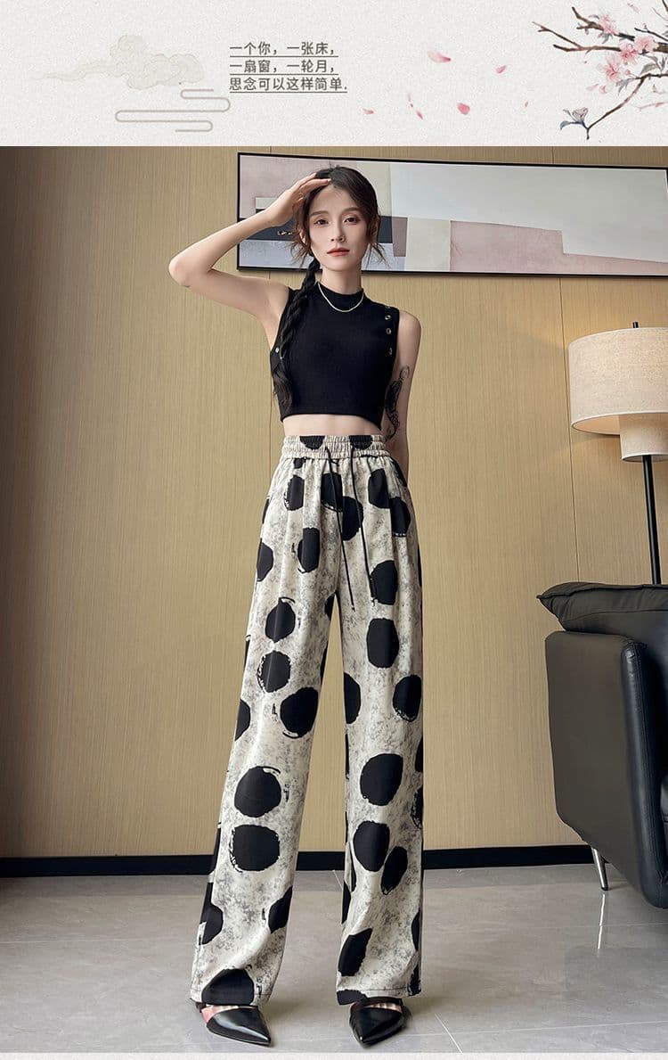 있음 선적 캐주얼 패션 레트로 도트 무늬 와이드 레그 팬츠 새로운 디자인 센스 루즈핏 다용도 슬림해 보이는 캐주얼 바지 여성 상세 이미지 7