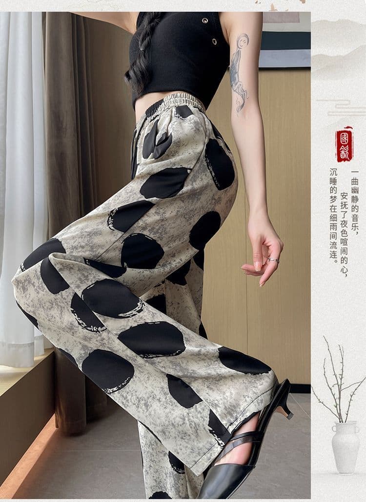 있음 선적 캐주얼 패션 레트로 도트 무늬 와이드 레그 팬츠 새로운 디자인 센스 루즈핏 다용도 슬림해 보이는 캐주얼 바지 여성 상세 이미지 8