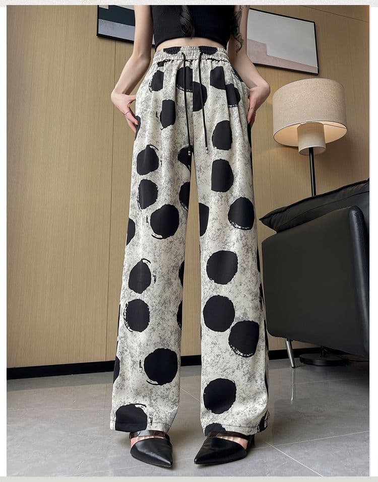 있음 선적 캐주얼 패션 레트로 도트 무늬 와이드 레그 팬츠 새로운 디자인 센스 루즈핏 다용도 슬림해 보이는 캐주얼 바지 여성 상세 이미지 12