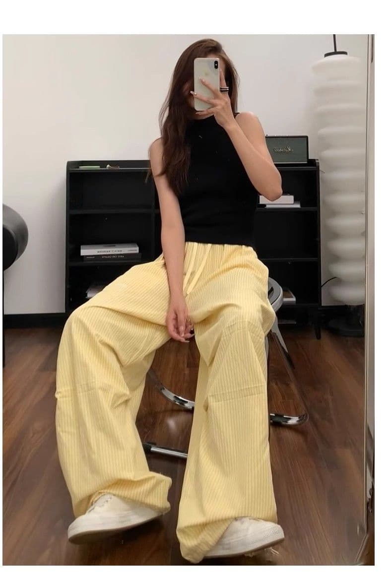 원본 3 차원 허리 황색 스트라이프 자수 워크웨어 팬츠 여성 가을 얇은 스타일 루즈핏 캐주얼 와이드 레그 팬츠 어린이 이미지 3