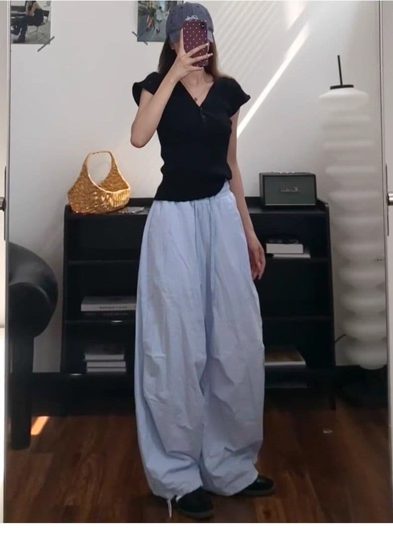 원본 3 차원 허리 황색 스트라이프 자수 워크웨어 팬츠 여성 가을 얇은 스타일 루즈핏 캐주얼 와이드 레그 팬츠 어린이 상세 이미지 25