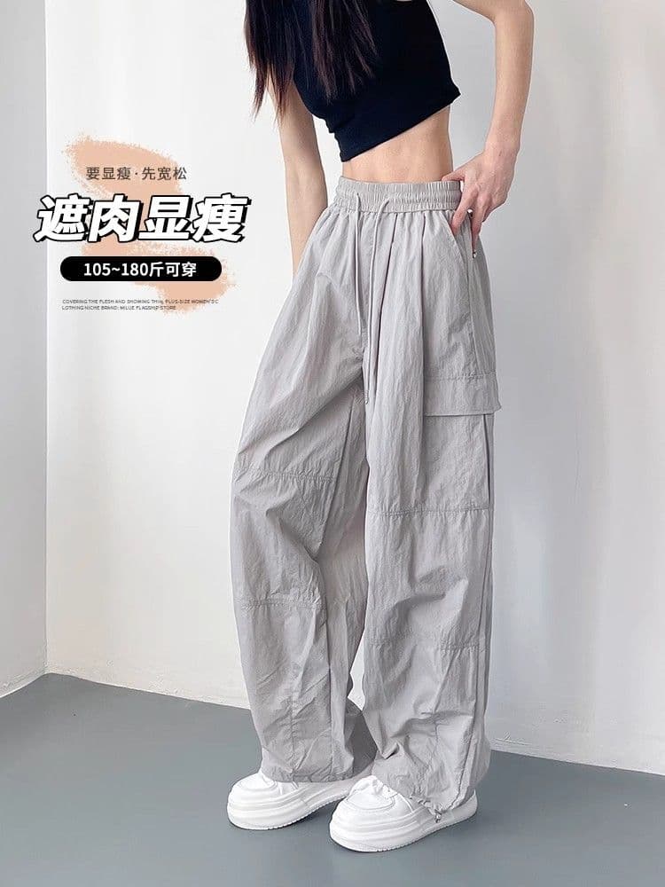 있음 선적 3 차원 허리 워크웨어 와이드 레깅스 바지 가을 빅 사이즈 루즈핏 얼음 실크 속도 건조한 캐주얼 바지 운동 스트레이트 팬츠 상세 이미지 3