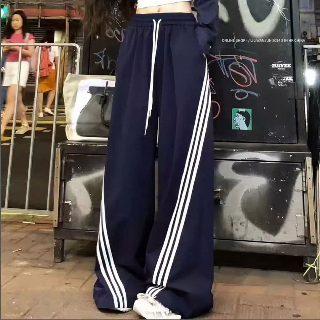 있음 선적 한국 스타일 레트로 비스듬한 스트라이프 와이드 레깅스 바지 가을 새로운 바지 루즈핏 캐주얼 아메리칸 운동 바지 이미지 3
