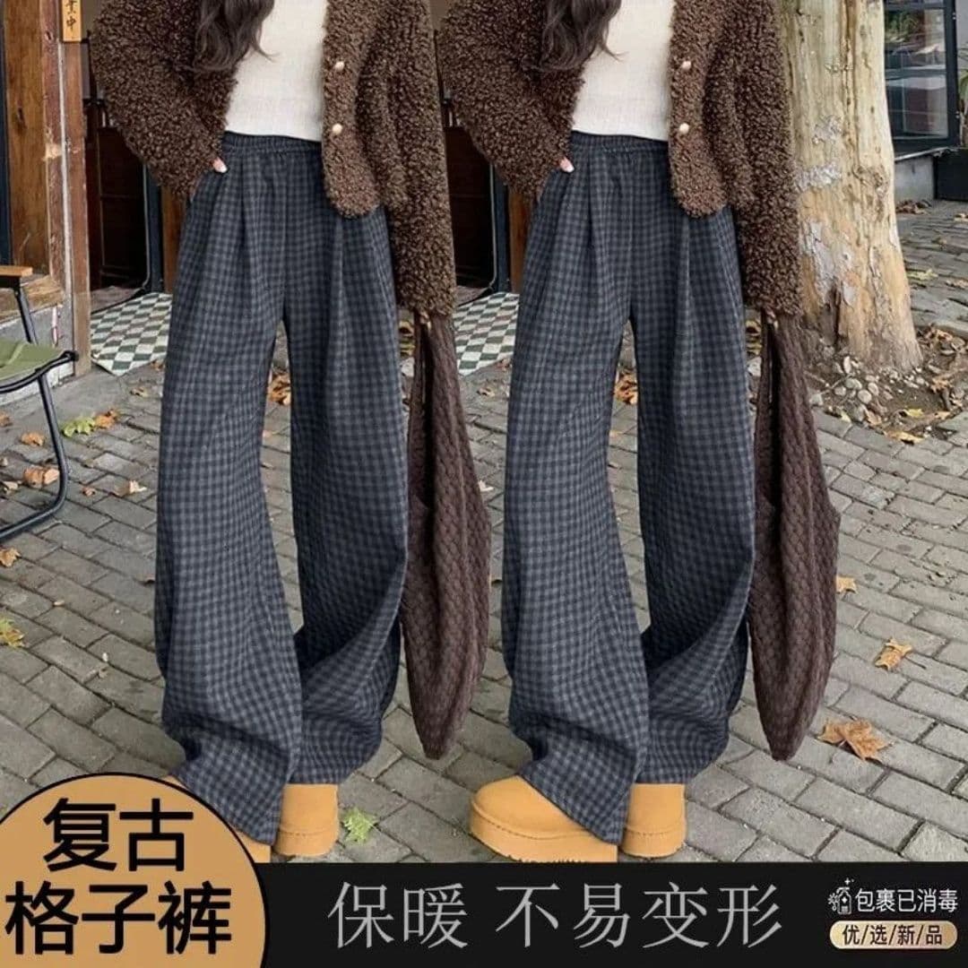 있음 선적 한 부서 느슨함 센스 야마모토 바지 여성 가을 새로운 슬림해 보이는 하이웨이스트 모직 캐주얼 도루 센스 체크무늬 바지 이미지 2