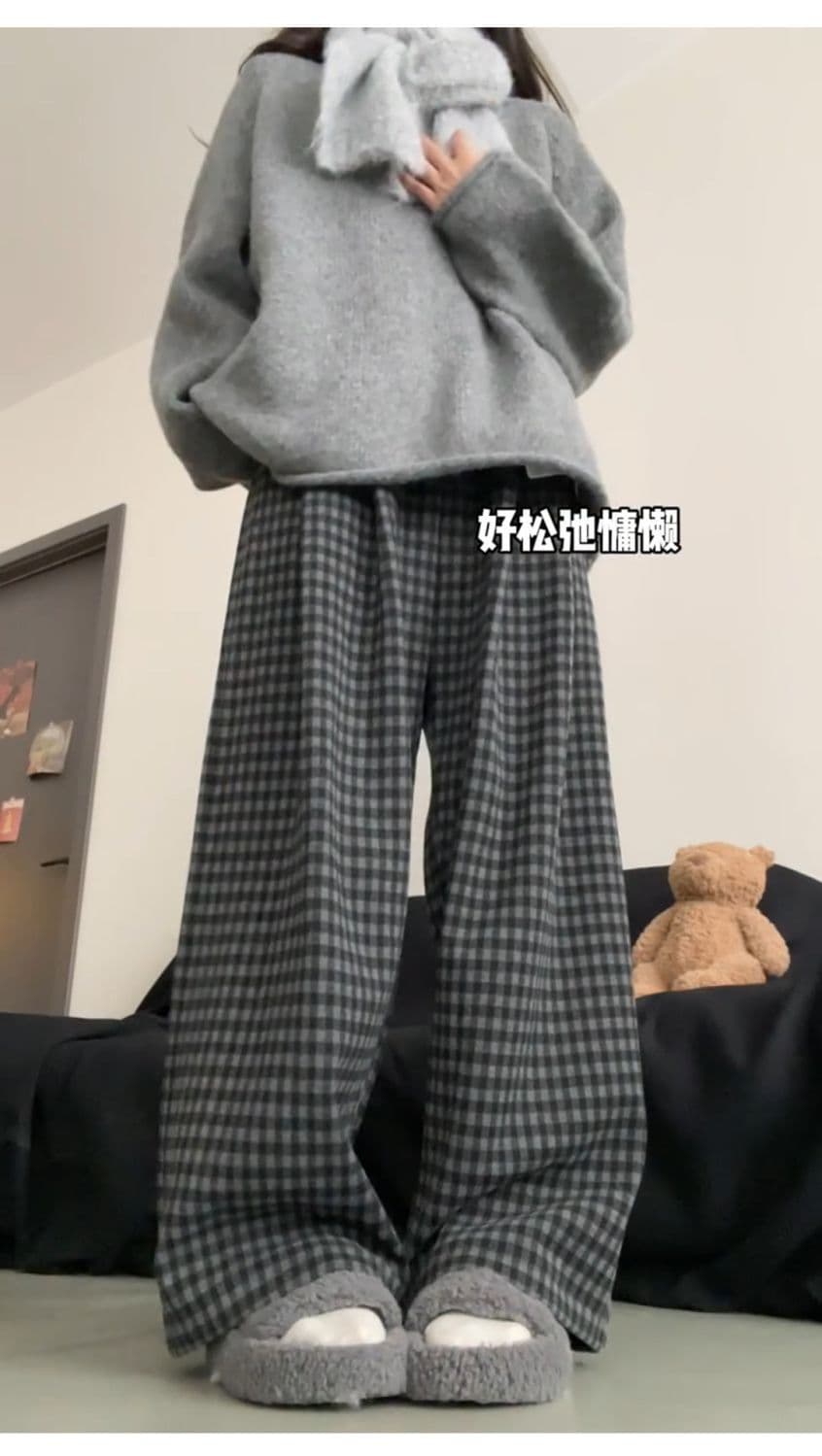있음 선적 한 부서 느슨함 센스 야마모토 바지 여성 가을 새로운 슬림해 보이는 하이웨이스트 모직 캐주얼 도루 센스 체크무늬 바지 상세 이미지 10