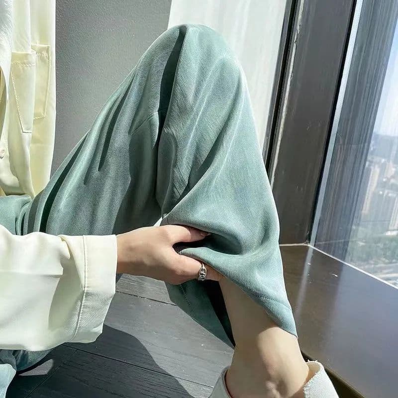 있음 선적 아세트산 와이드 레깅스 바지 여름 얇은 스타일 새틴 하이웨이스트 도루 센스 캐주얼 바지 얼음 실크 스트레이트 다용도 바지 상세 이미지 6