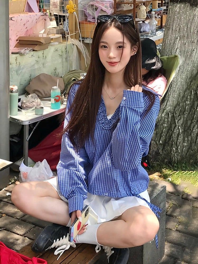 파란색 체크무늬 긴팔 여성 셔츠 가을 프릴 V넥 레이스업 셔츠 학원 스타일 달콤함 맨위