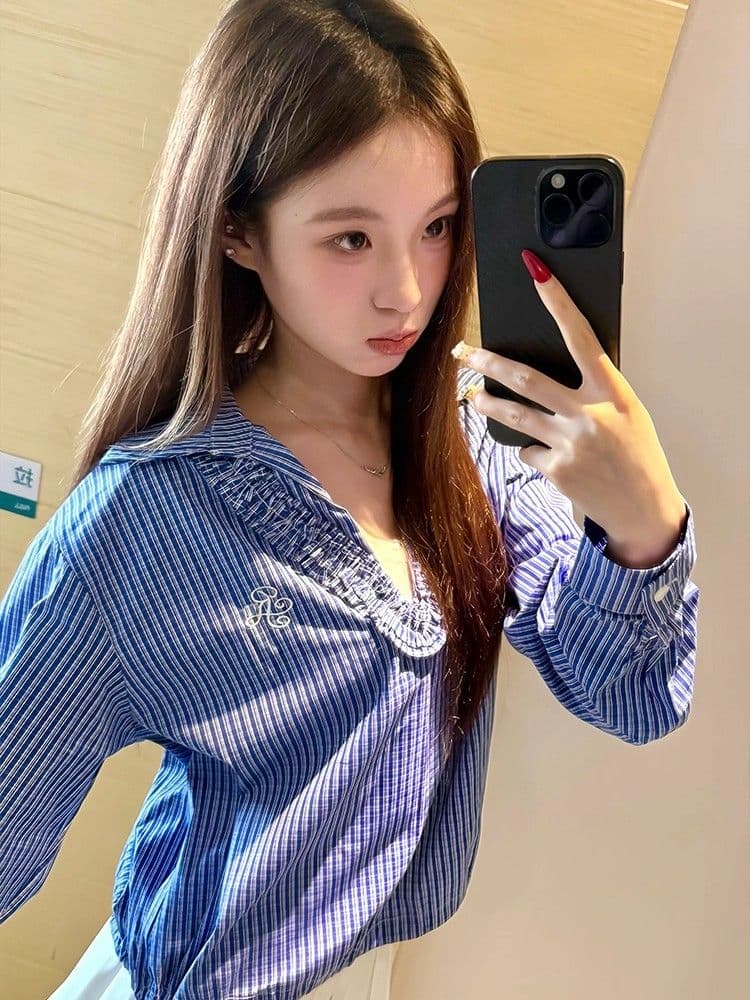 파란색 체크무늬 긴팔 여성 셔츠 가을 프릴 V넥 레이스업 셔츠 학원 스타일 달콤함 맨위 이미지 4