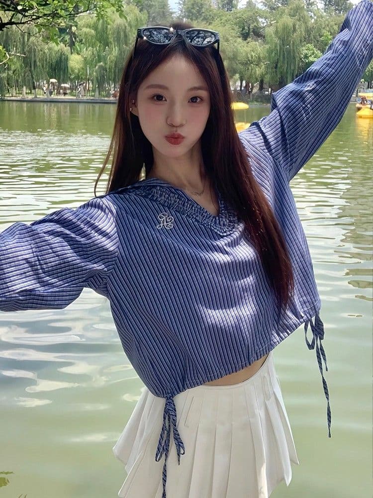 파란색 체크무늬 긴팔 여성 셔츠 가을 프릴 V넥 레이스업 셔츠 학원 스타일 달콤함 맨위 상세 이미지 3