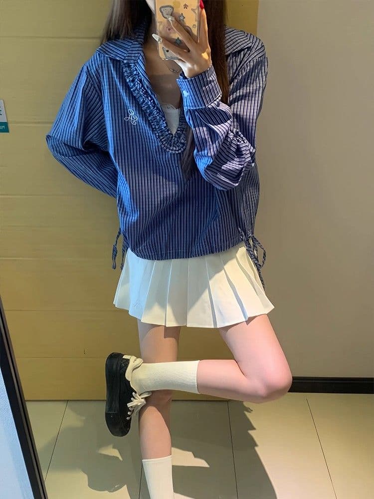 파란색 체크무늬 긴팔 여성 셔츠 가을 프릴 V넥 레이스업 셔츠 학원 스타일 달콤함 맨위 상세 이미지 5