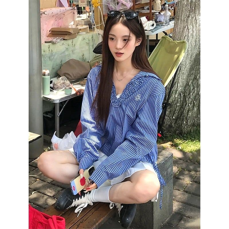 파란색 체크무늬 긴팔 여성 셔츠 가을 프릴 V넥 레이스업 셔츠 학원 스타일 달콤함 맨위 상세 이미지 6