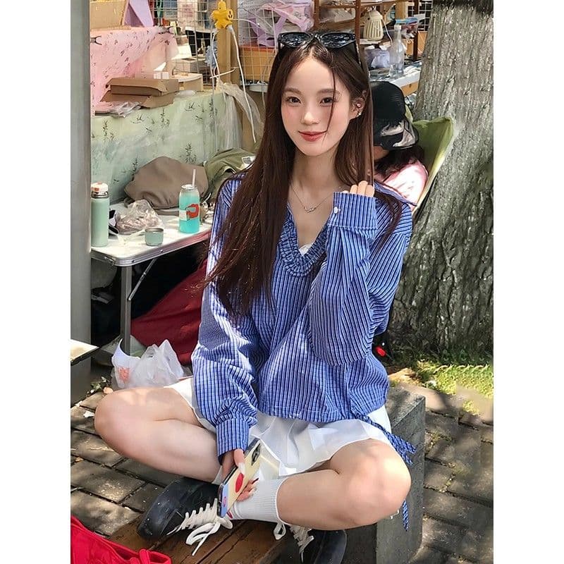 파란색 체크무늬 긴팔 여성 셔츠 가을 프릴 V넥 레이스업 셔츠 학원 스타일 달콤함 맨위 상세 이미지 7