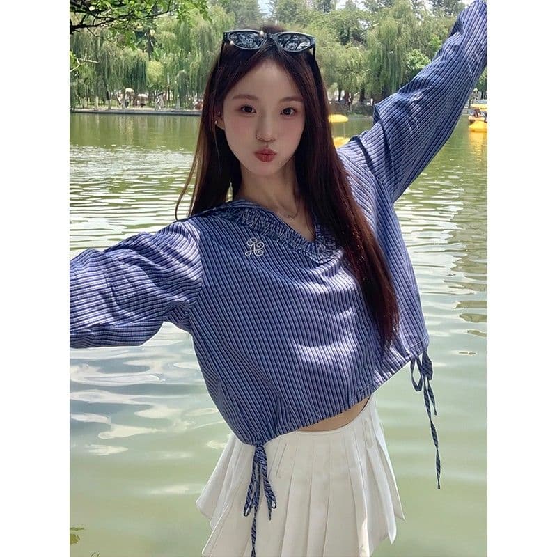 파란색 체크무늬 긴팔 여성 셔츠 가을 프릴 V넥 레이스업 셔츠 학원 스타일 달콤함 맨위 상세 이미지 8