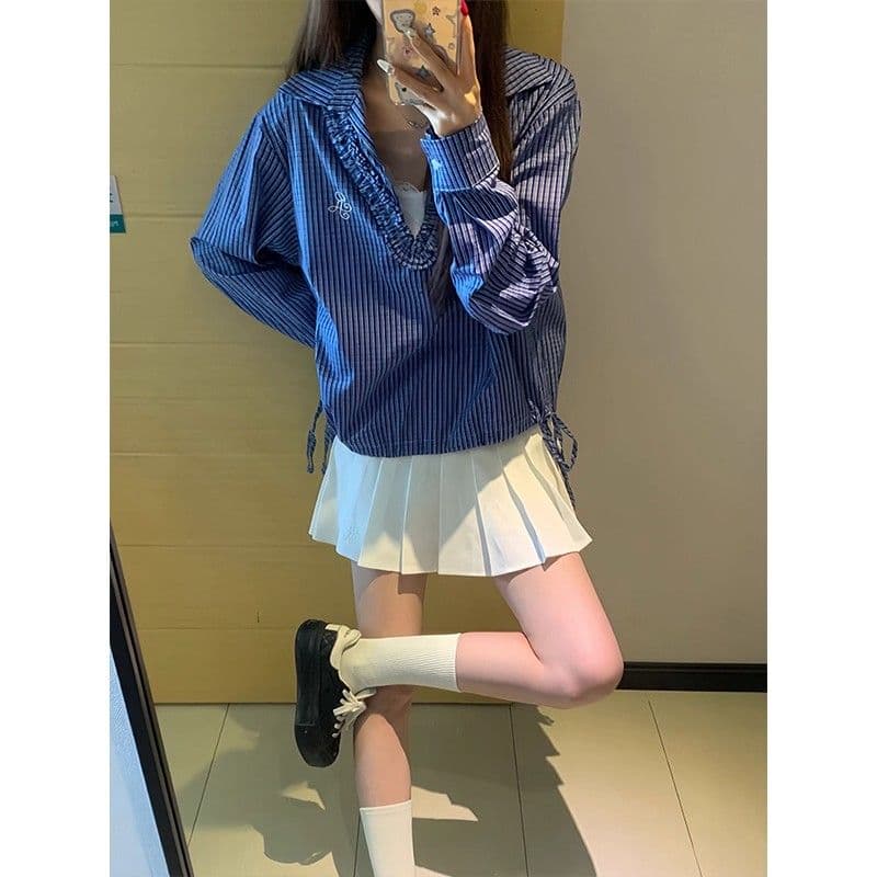 파란색 체크무늬 긴팔 여성 셔츠 가을 프릴 V넥 레이스업 셔츠 학원 스타일 달콤함 맨위 상세 이미지 10