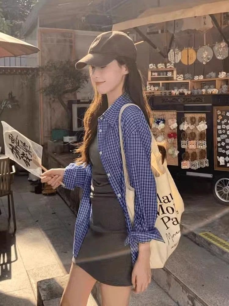 원본 셔틀 제직 그리드 파란색 체크무늬 POLO 칼라 셔츠 여성 코트 가을 루즈핏 긴팔 셔츠 이미지 3