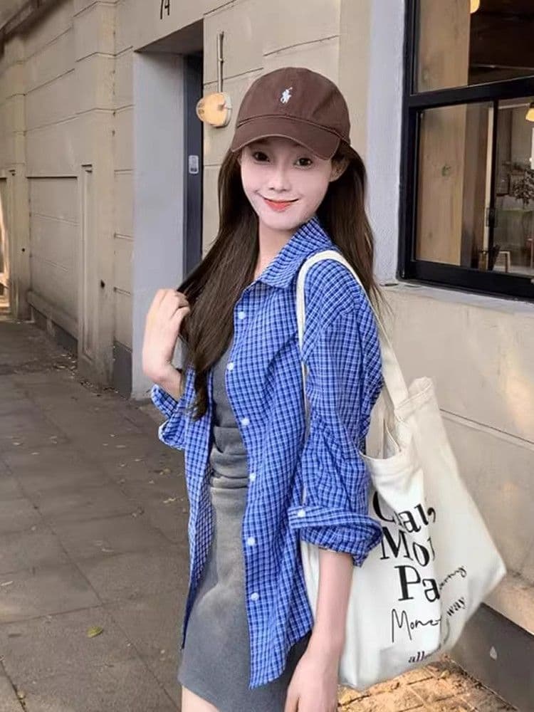 원본 셔틀 제직 그리드 파란색 체크무늬 POLO 칼라 셔츠 여성 코트 가을 루즈핏 긴팔 셔츠 상세 이미지 4