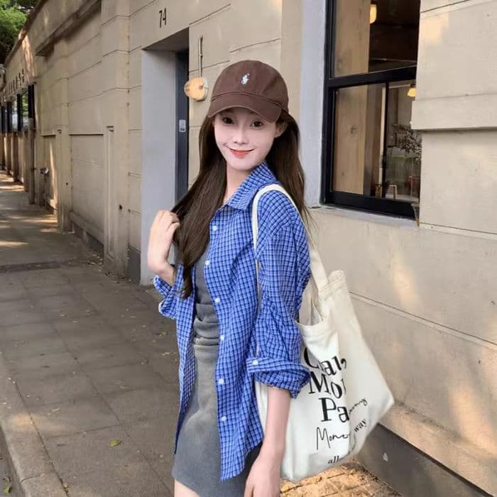원본 셔틀 제직 그리드 파란색 체크무늬 POLO 칼라 셔츠 여성 코트 가을 루즈핏 긴팔 셔츠 상세 이미지 6