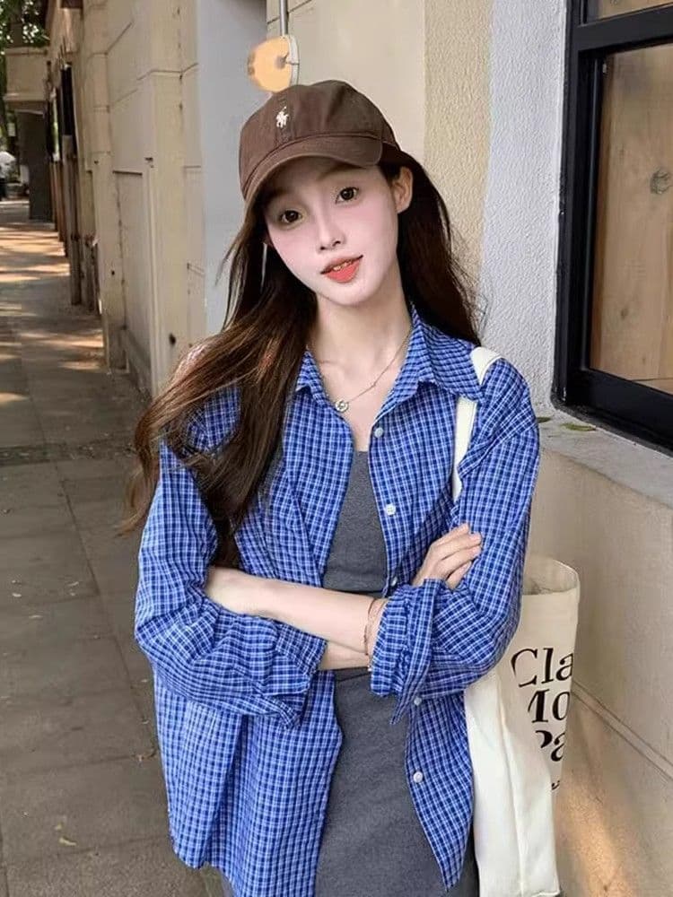 원본 셔틀 제직 그리드 파란색 체크무늬 POLO 칼라 셔츠 여성 코트 가을 루즈핏 긴팔 셔츠 상세 이미지 7