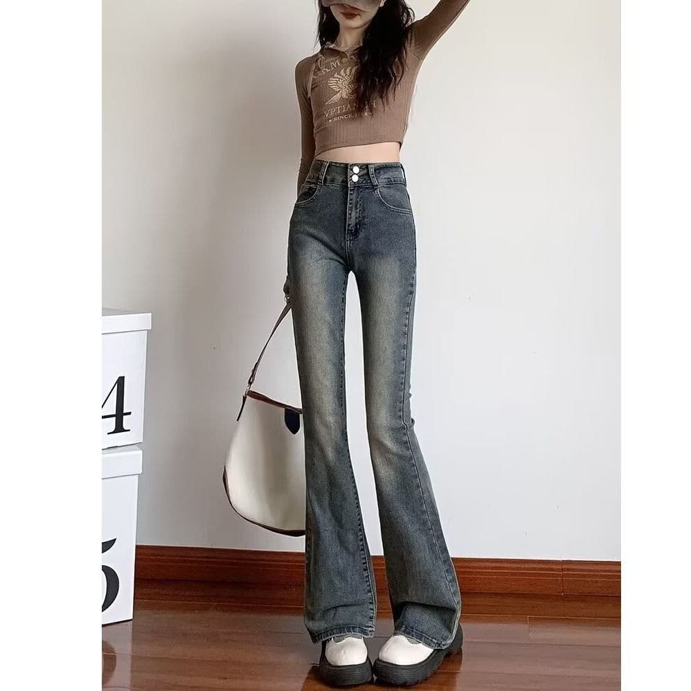 블랙 회색 넓은 다리 청바지 여성 가을 새로운 하이웨이스트 표지 넓적 다리 슬림해 보이는 루즈핏 도루 센스 바닥 청소 스트레이트 이미지 3