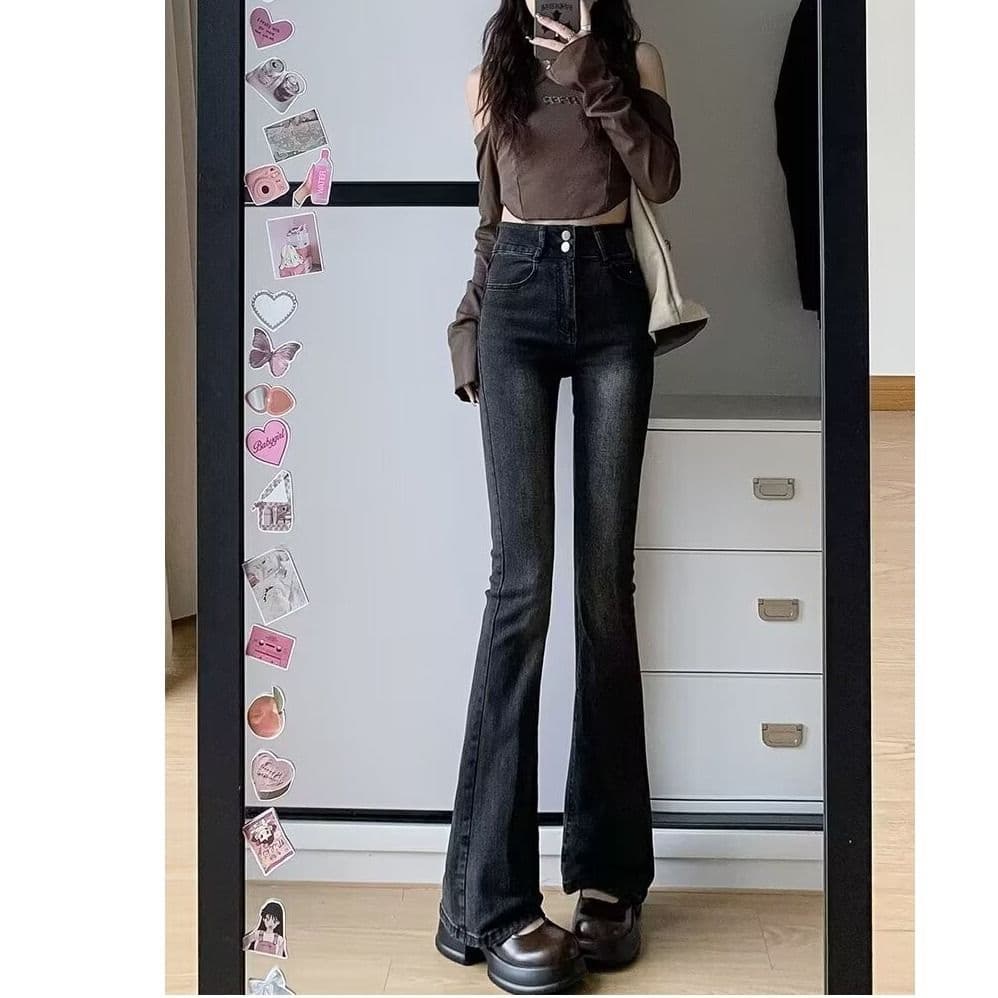 블랙 회색 넓은 다리 청바지 여성 가을 새로운 하이웨이스트 표지 넓적 다리 슬림해 보이는 루즈핏 도루 센스 바닥 청소 스트레이트 이미지 5