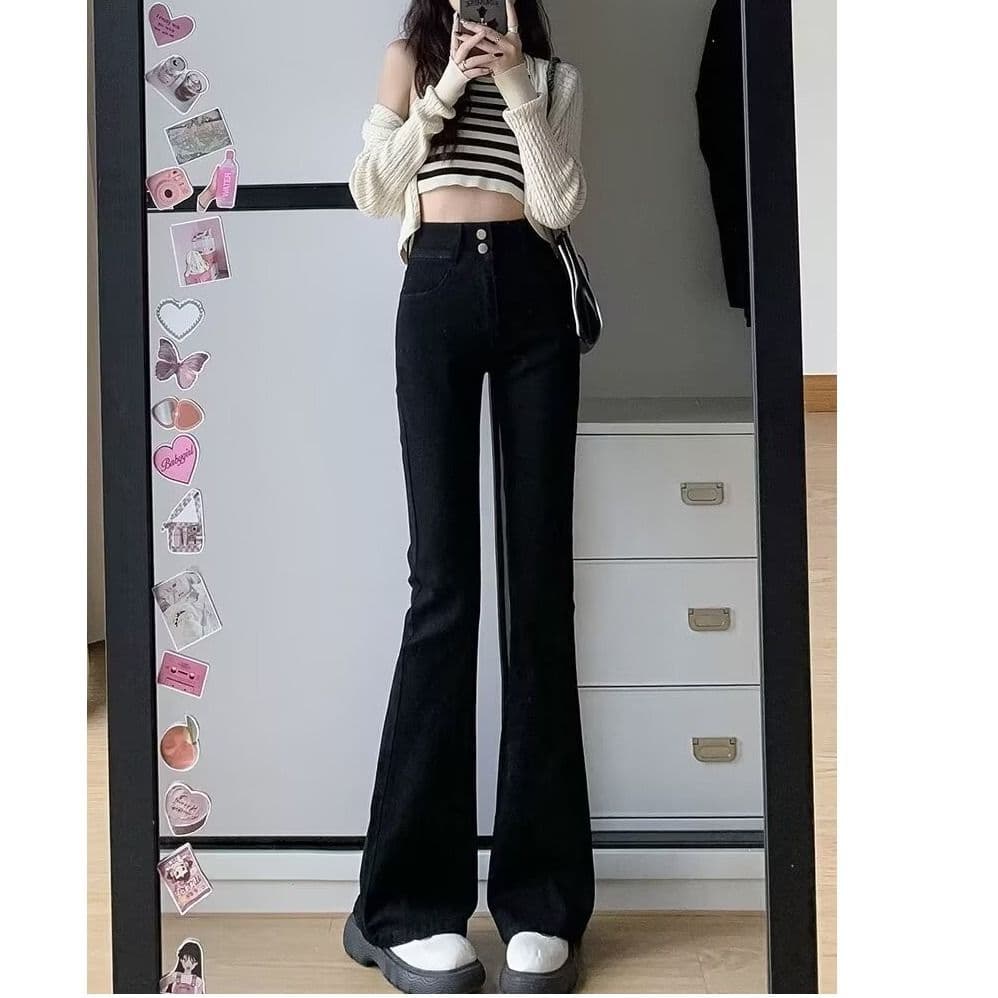 블랙 회색 넓은 다리 청바지 여성 가을 새로운 하이웨이스트 표지 넓적 다리 슬림해 보이는 루즈핏 도루 센스 바닥 청소 스트레이트 이미지 4
